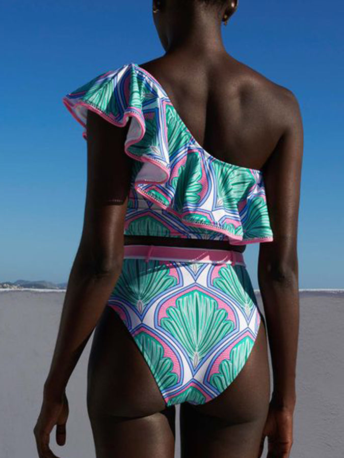 Printed Ruffle Fashion Split Swimsuit