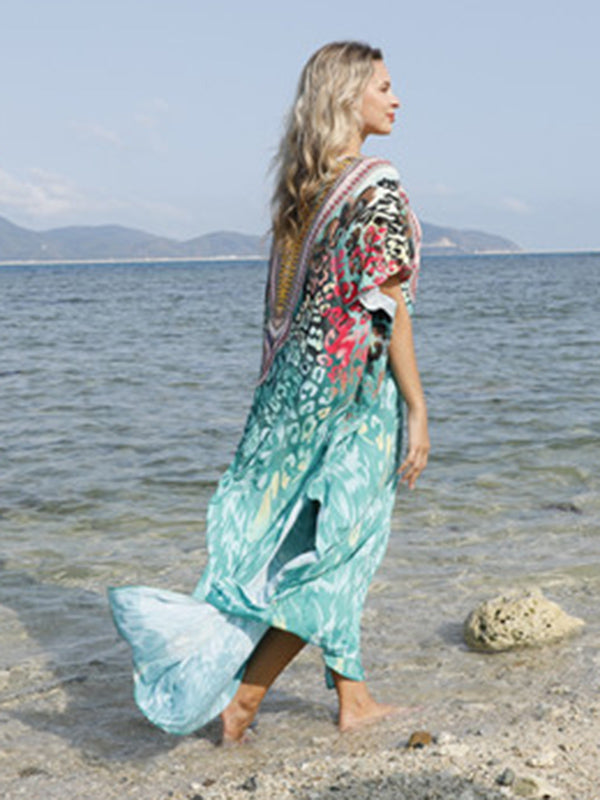 Half Sleeve V-Neck Floral Printed Split-Side Cover-Up Swimwear