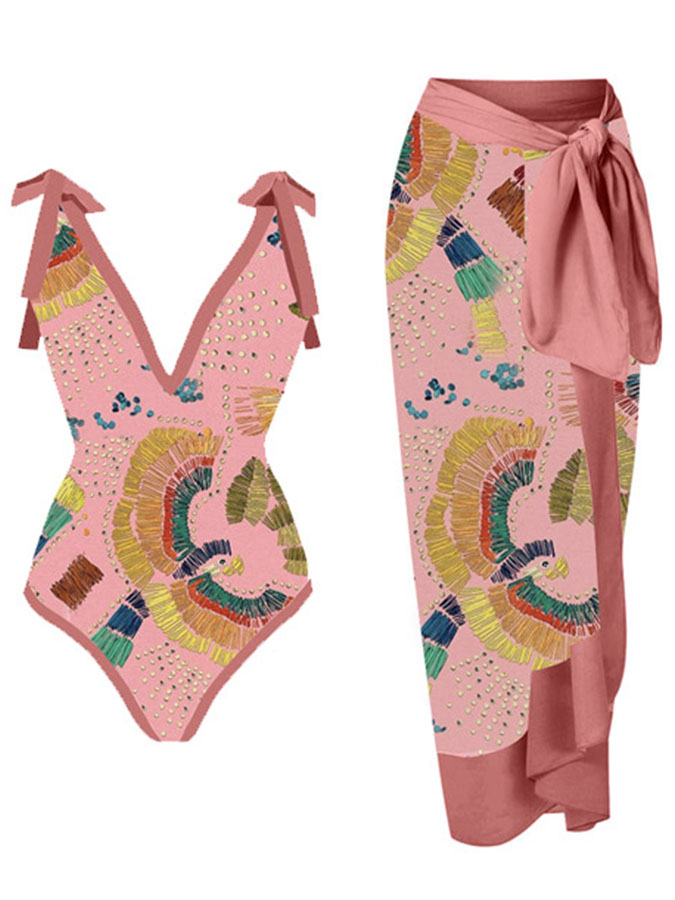 Deep V Print One Piece Swimsuit Set