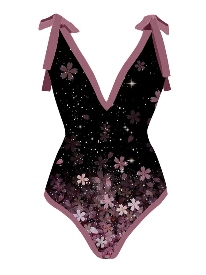 Fashion V-Neck Floral Gradient Print One-Piece Swimsuit