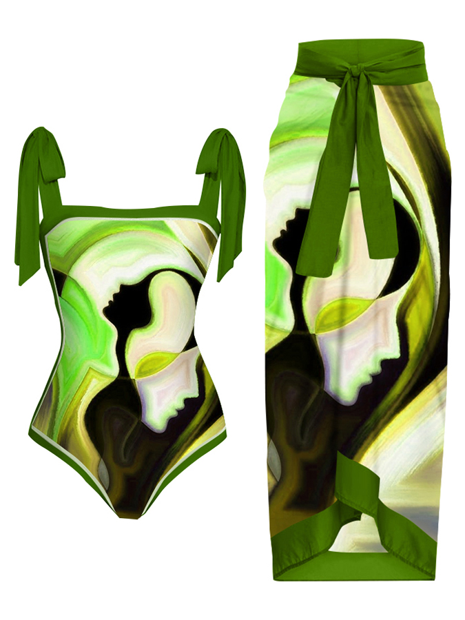 Fashion Vintage Abstract Print One Piece Swimsuit Set