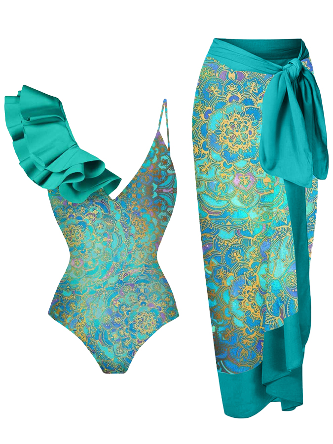 Vintage Print Ruffled V-neck One-piece Swimsuit and Cover-up