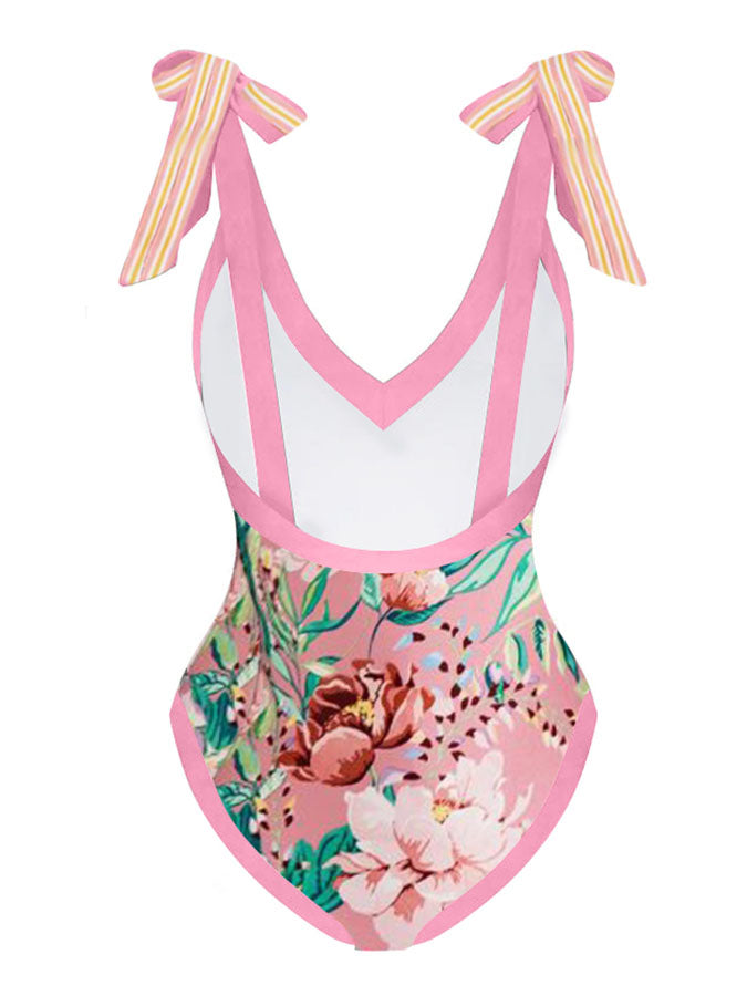 Deep V Floral Print One-Piece Swimsuit Set