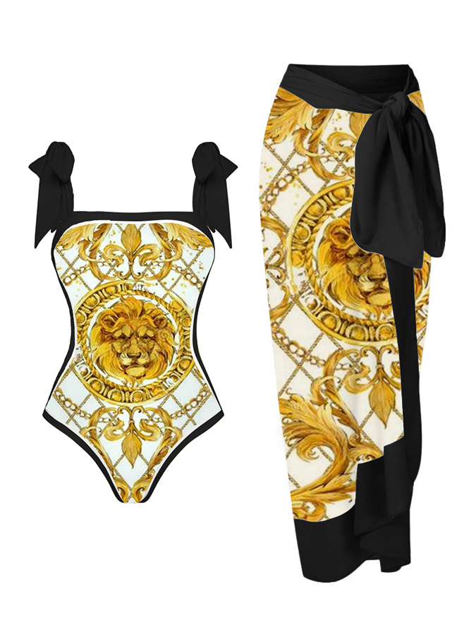 Gold Lion Pattern Print Reversible One Piece Swimsuit And Cover up
