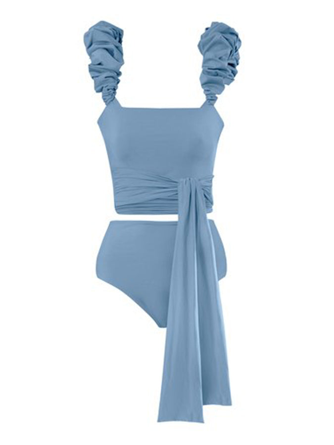 Solid Color Waist Tie Swimsuit