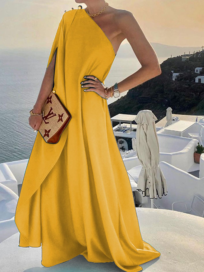 Stylish and Elegant Solid Color Loose One-shouldered Maxi Dress
