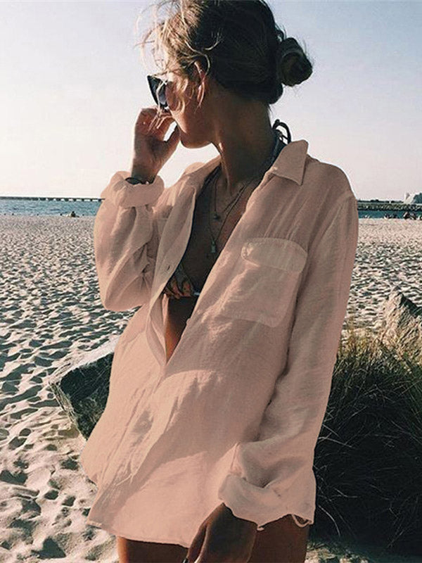 Simple Solid Color Button Long Sleeve Shirt-Style Cover-Up Swimwear