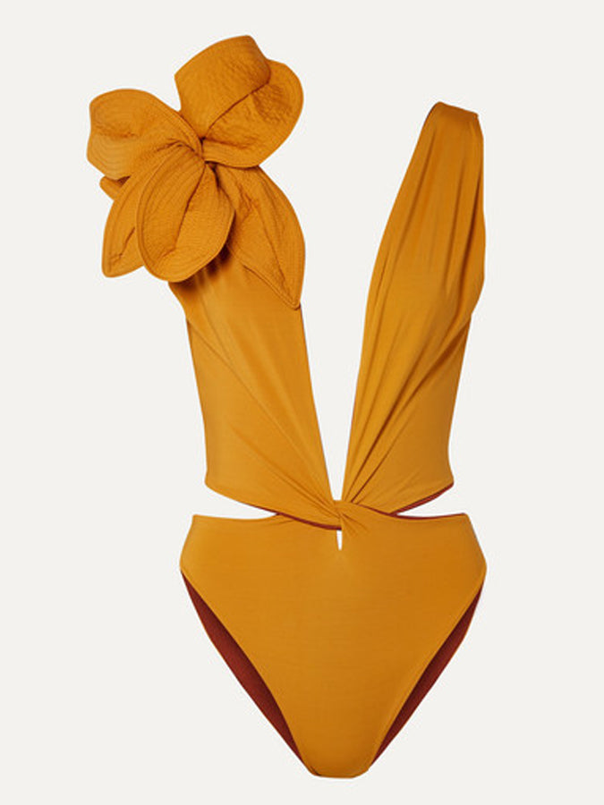 Solid Color 3D Design One Piece Swimsuit