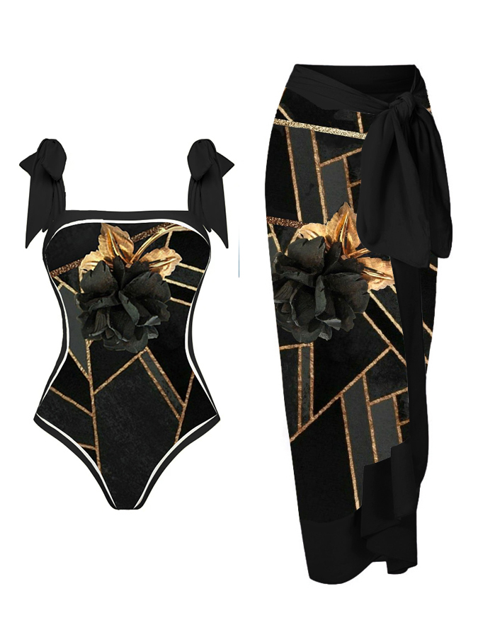 Geometric Color Block Print Reversible One Piece Swimsuit And Cover up