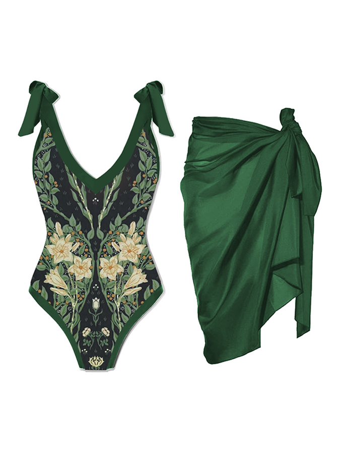 Vintage Floral Print One Piece Swimsuit And Cover Up
