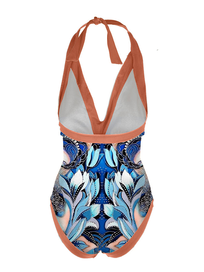 Printed Halter Neck One Piece Swimsuit & Cover up