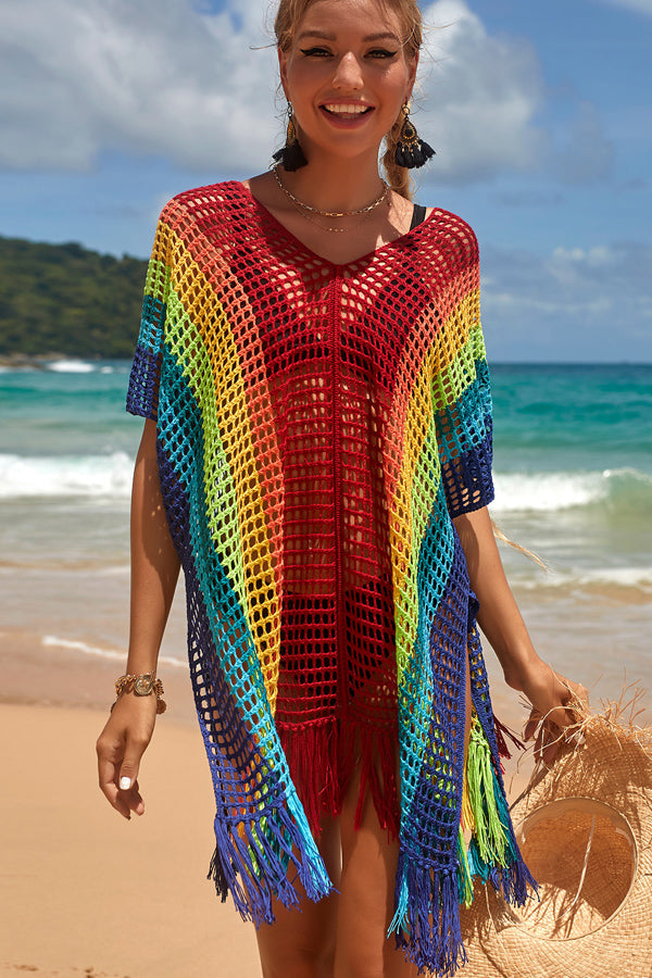 Rainbow Colorful Knitting Swimwear Cover Up