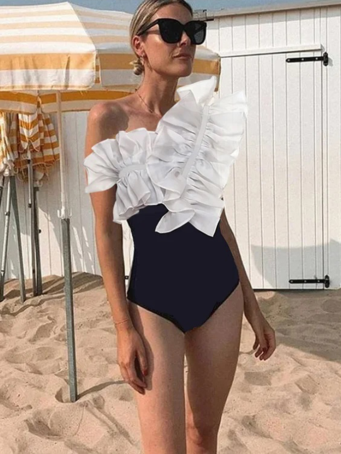 One shouder Ruffle Stitching One Piece Swimsuit and Cover-up