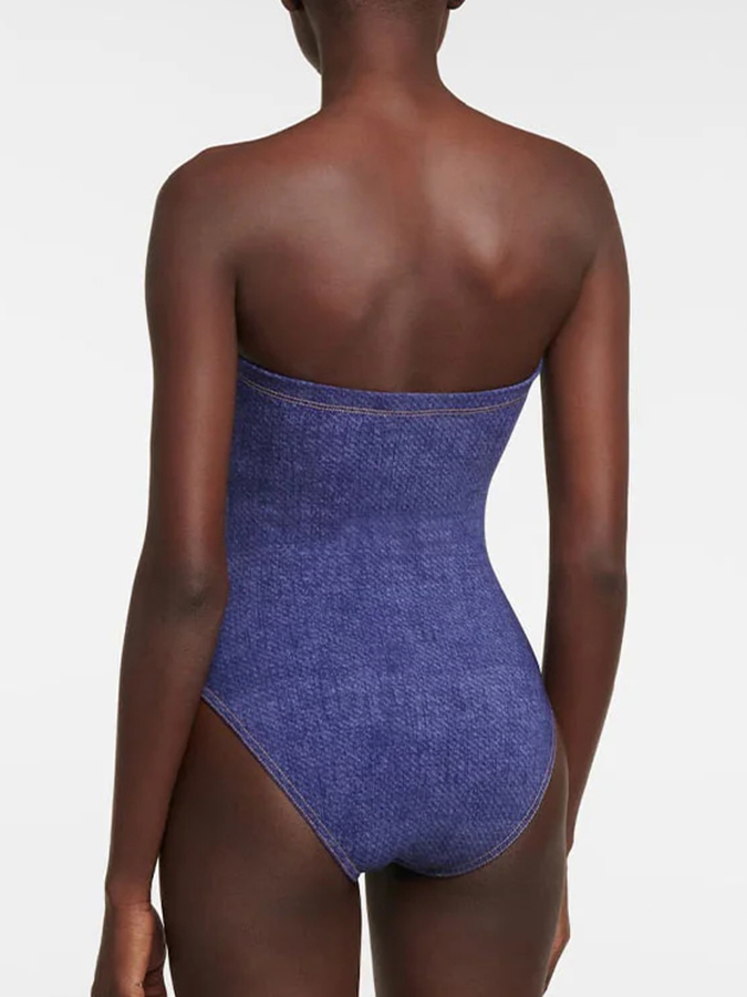 Denim Print One Piece Swimsuit and Skirt