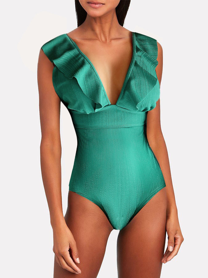 Deep V Ruffle Solid Color One Piece Swimsuit