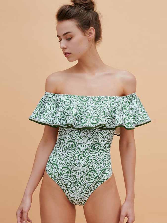 One-Shoulder Printed Ruffled Swimsuit