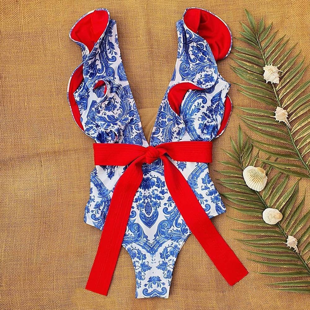 Ruffle Tie-detailed Delft Blue Sexy One Piece Swimsuit