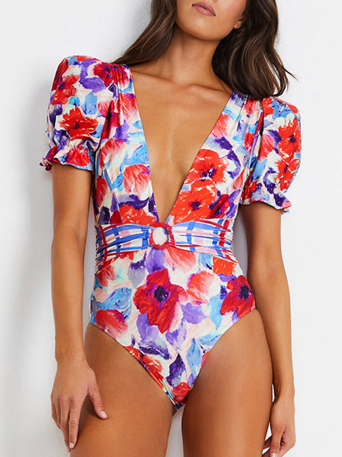 Fashion Floral Print One Piece Swimsuit and Cover Up