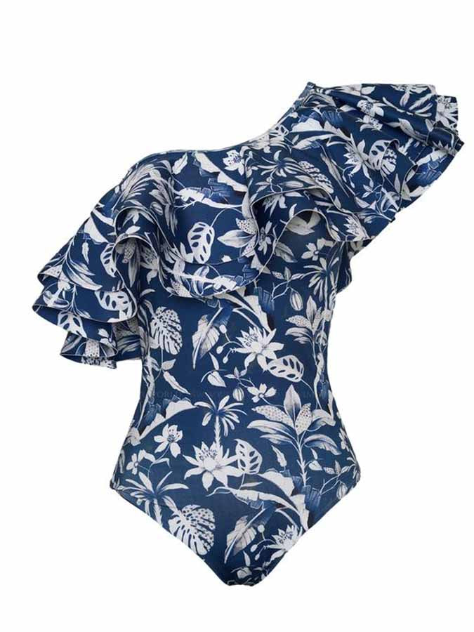 Printed one-shoulder ruffled swimsuit