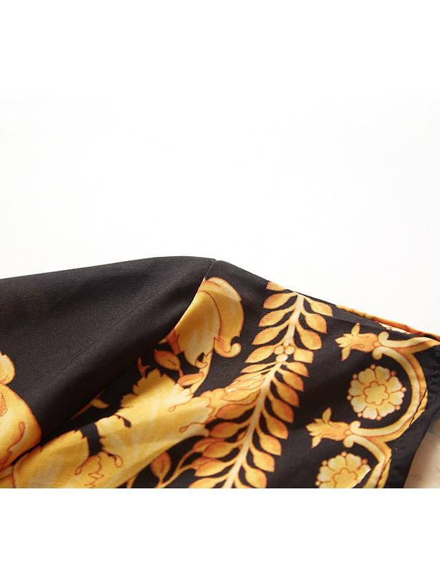 Women Retro Dresses Bohemian Floral Print Gold Color Deep V Neck Maxi Dress