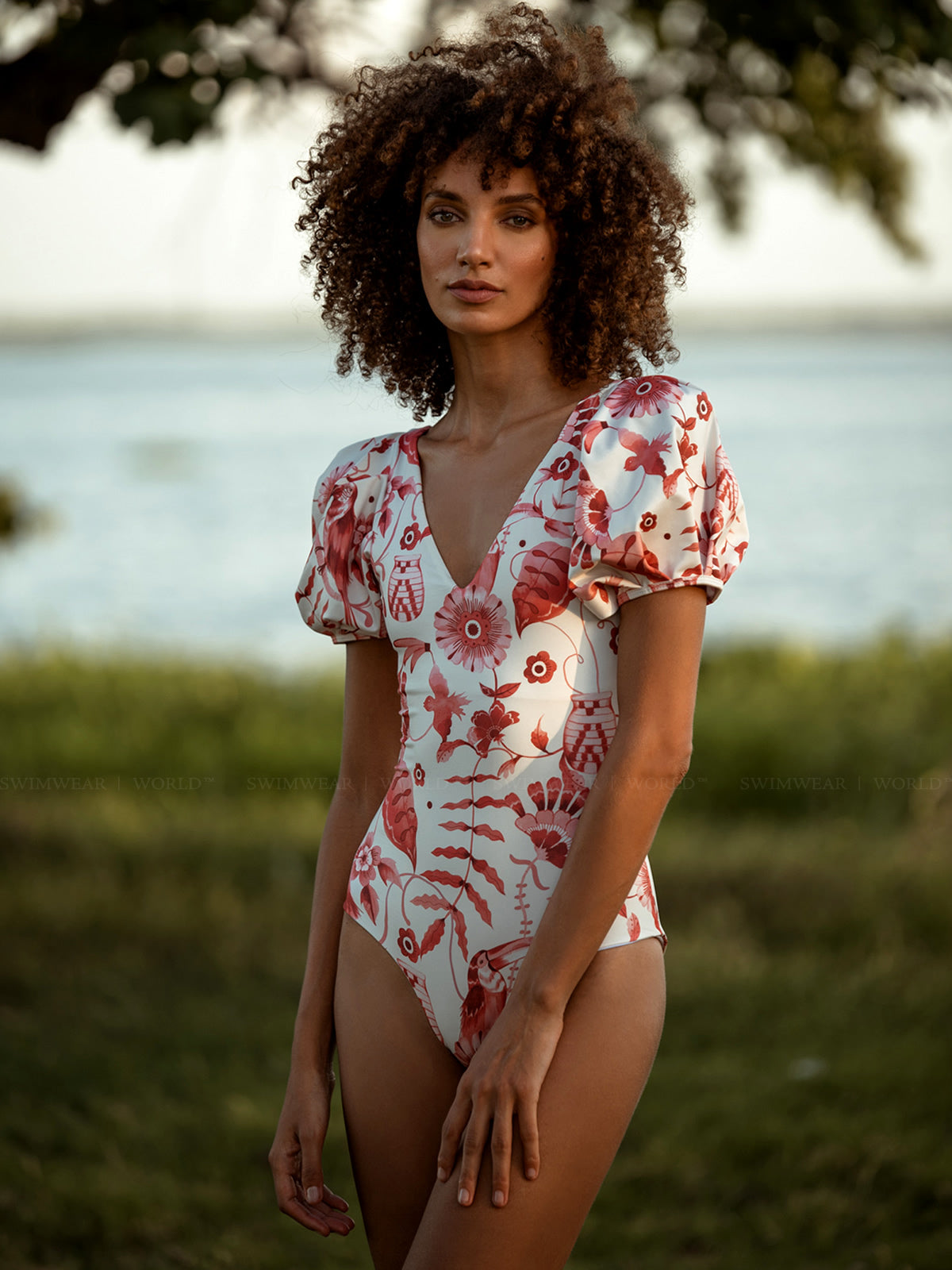 V Neck Puff Sleeves Printed One Piece Swimsuit