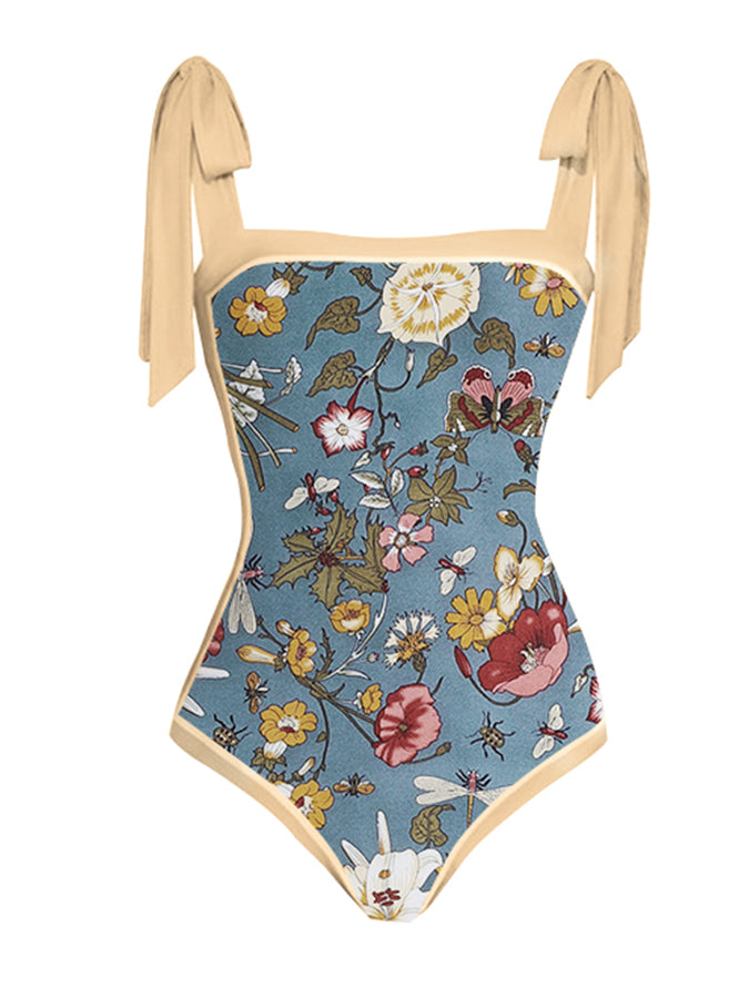 Vintage Colorblock Floral Print One-Piece Swimsuit Set