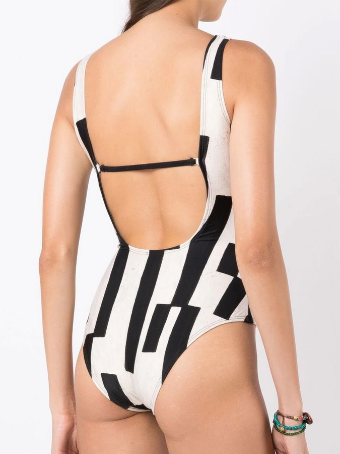 Black & White Offset Stripes Print One Shoulder One Piece Swimsuit And Cover Up