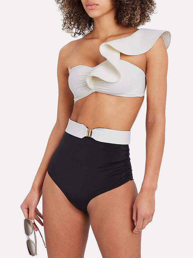 Solid One-Shoulder Ruffled Bikini Swimsuit
