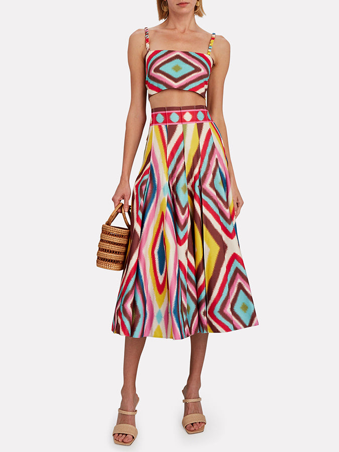 Fashion Colorblock Print Bikini Set And Skirt