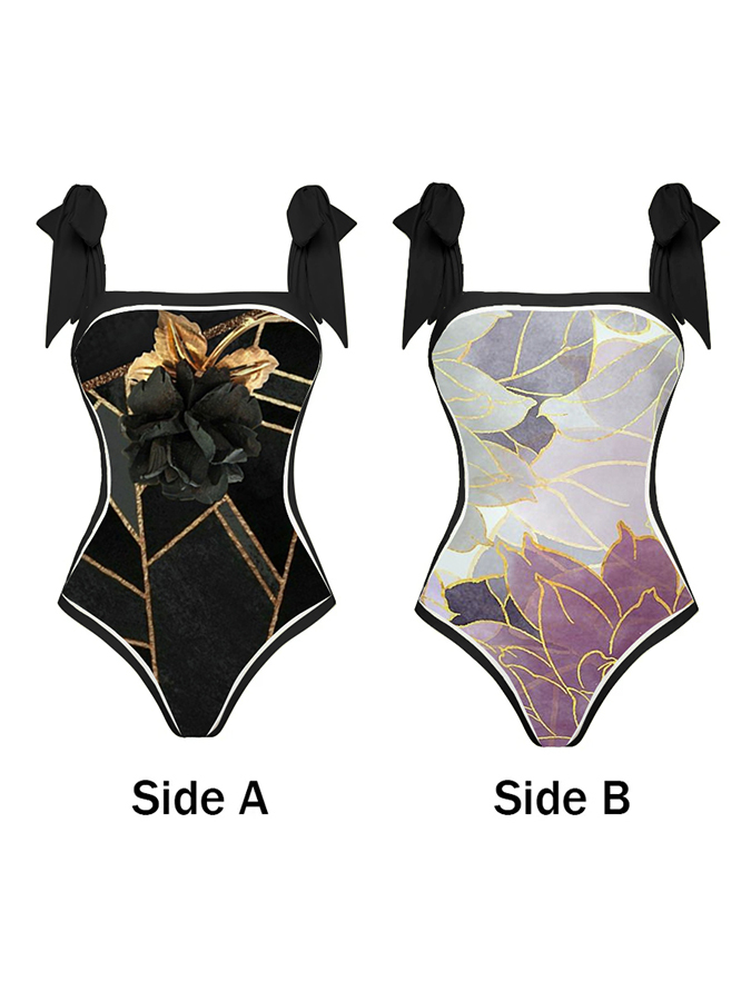 Geometric Color Block Print Reversible One Piece Swimsuit And Cover up