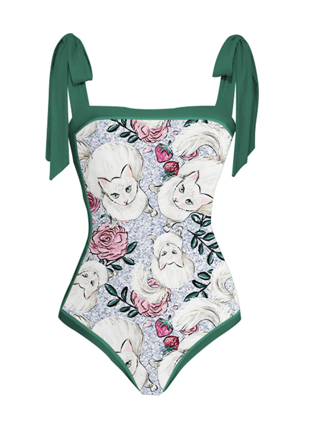 Cat Fashion Print Tie One Piece Swimsuit