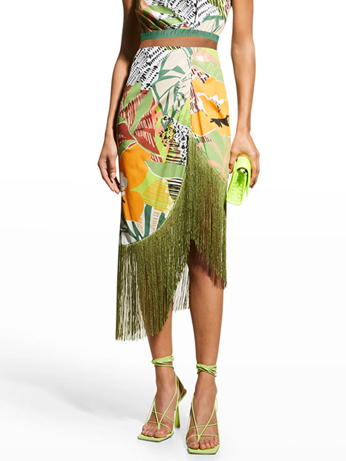 Fashion Vintage Floral Print Fringe Swimsuit And Skirt