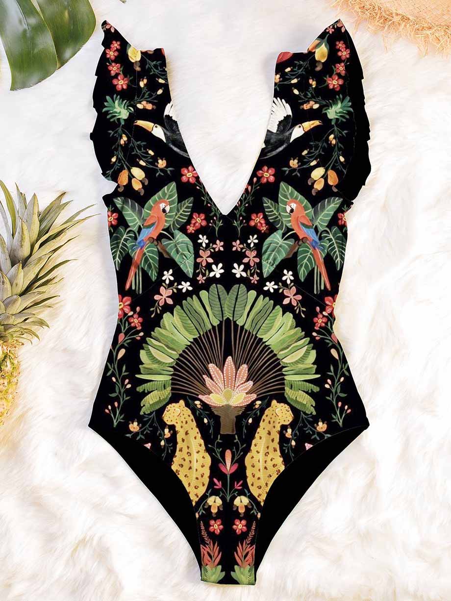 Deep V-Neck Ruffle Print One-Piece Swimsuit