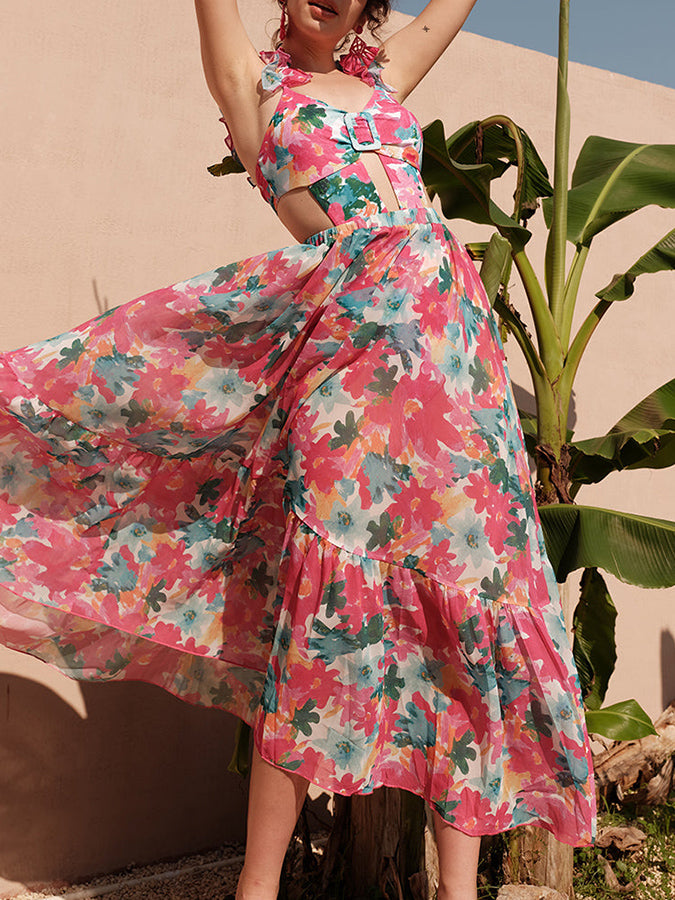 Lace Cutout Rose Red Floral One Piece Swimsuit And Skirt