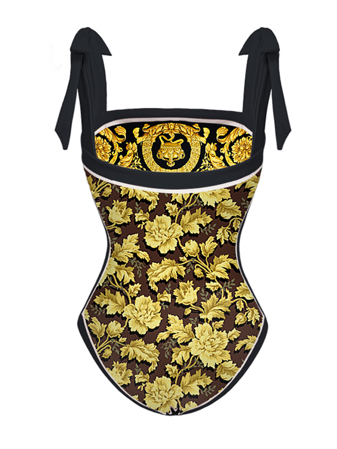 Reversible Bowknot Tie-shoulder One Piece Swimsuit and Sarong