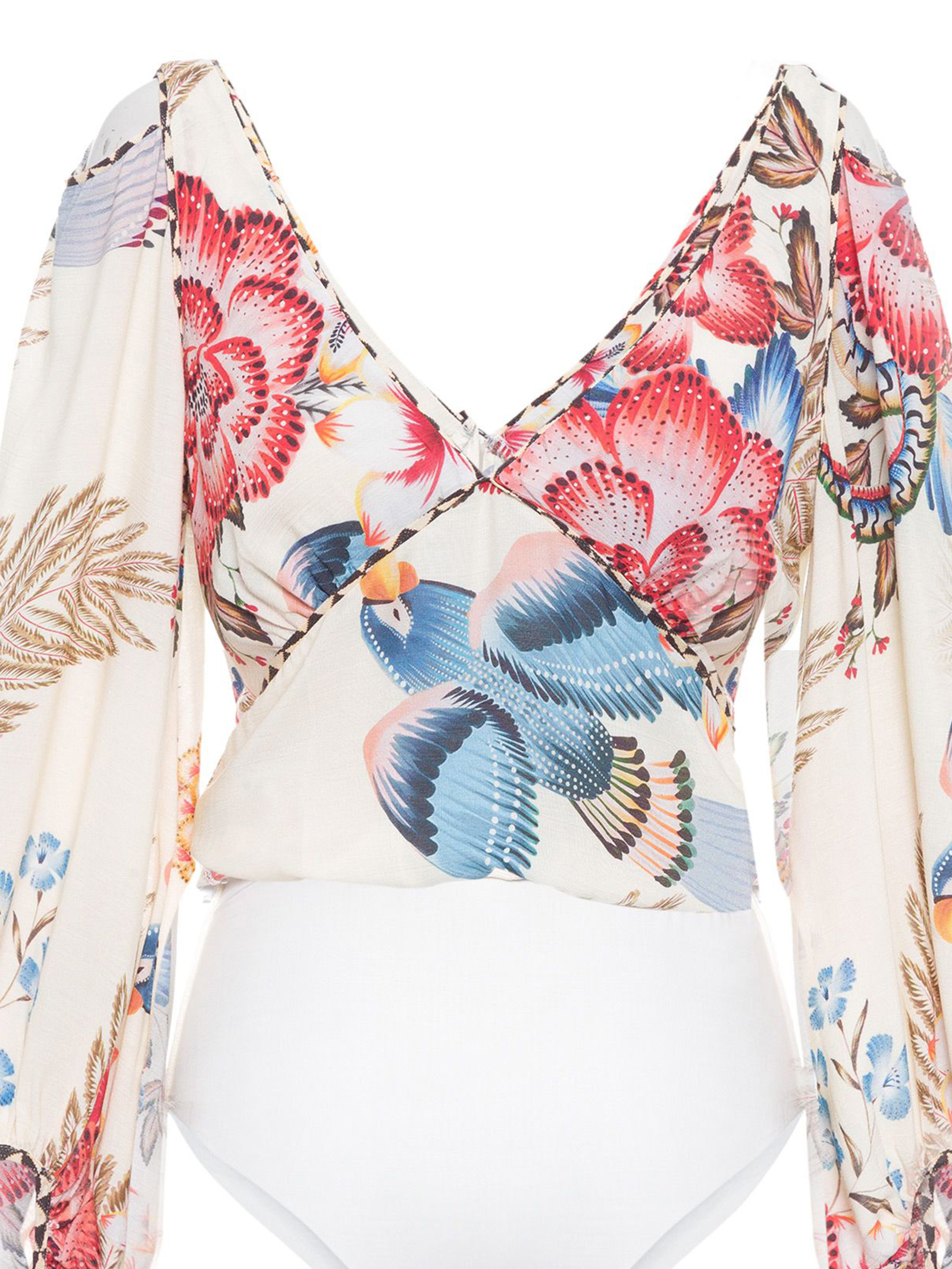 Vintage V-neck Flower and Bird Print Long sleeve One-piece Swimsuit