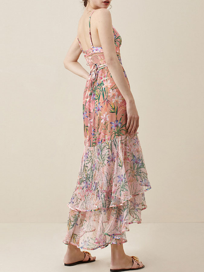 Floral Print One Piece Swimsuit and Mesh Splicing Sarong