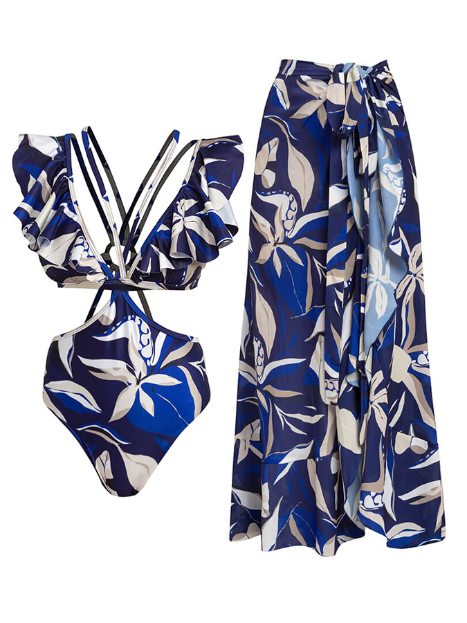 Floral Print Ruffle One Shoulder One-Piece Swimsuit And Cover Up