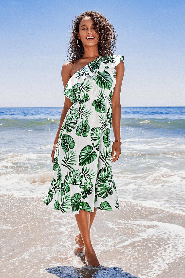 Violet Tropical One Shoulder Ruffle Dress