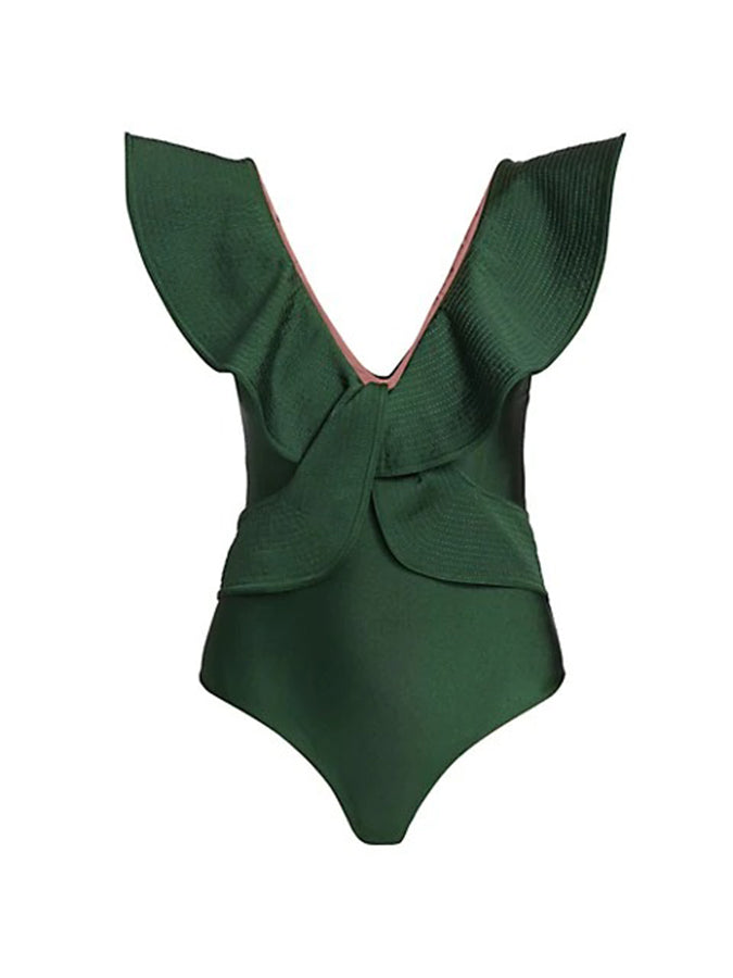 V-Neck Solid Ruffle One-Piece Swimsuit