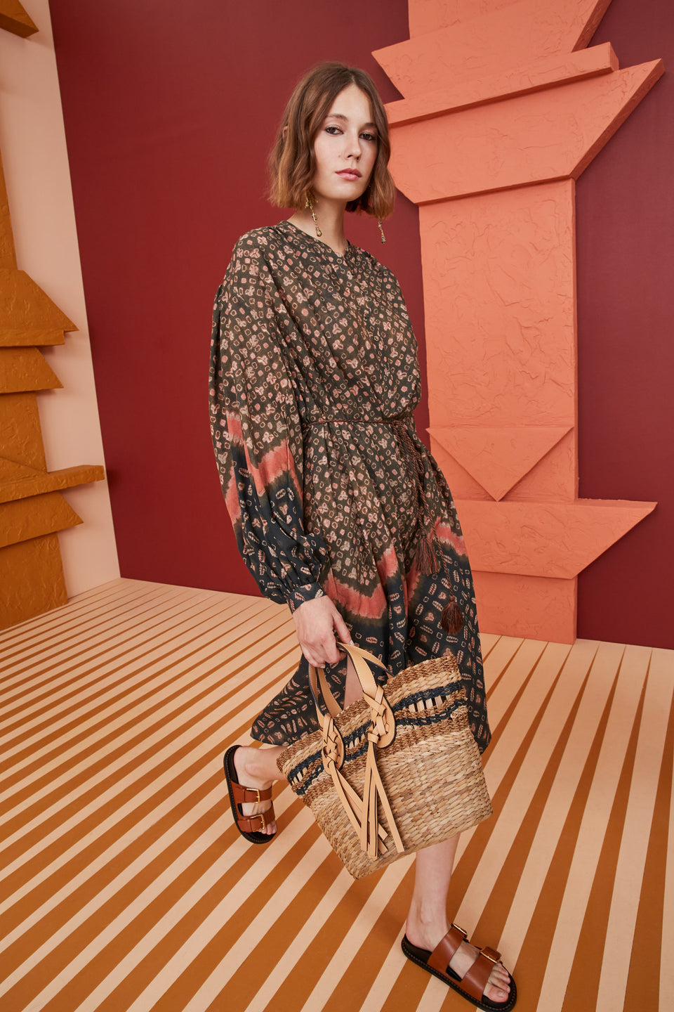 Chiffon Print Bikini Set and Long Sleeve Dress