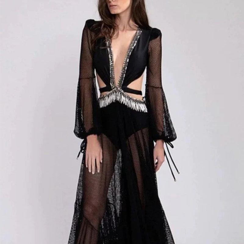 Black Gauze See-Through Long Sleeves Maxi Dresses