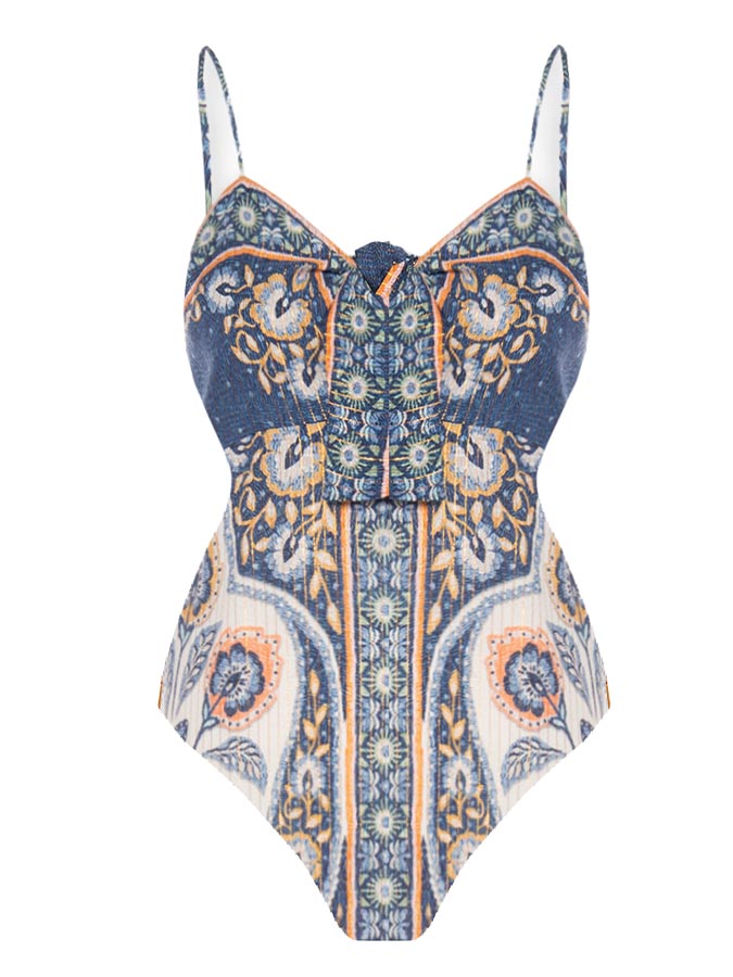 Vintage Ethnic Print One-Piece Swimsuit and Skirt