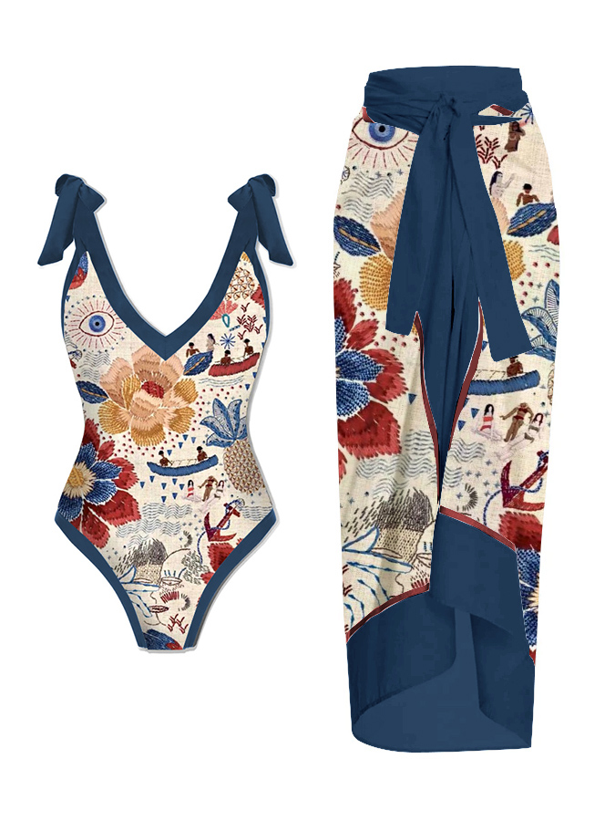 Vintage Floral Geometric Print One Piece Swimsuit And Cover Up