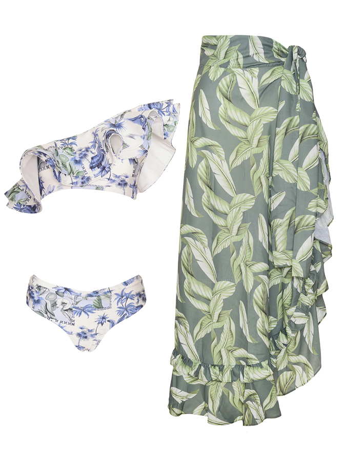 Vintage Floral Print Ruffle One Piece Swimsuit And Cover Up