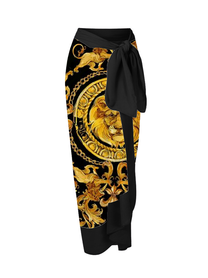 Gold Lion Pattern Print Reversible One Piece Swimsuit And Cover up