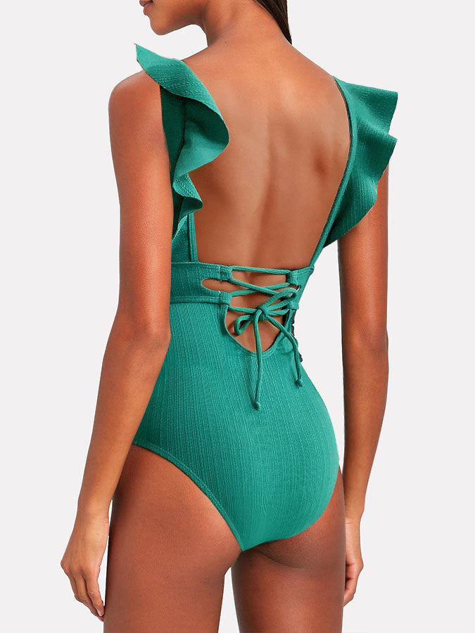 Deep V Ruffle Solid Color One Piece Swimsuit