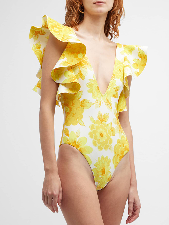 Deep V Ruffled Floral Print Swimsuit and Cover-up