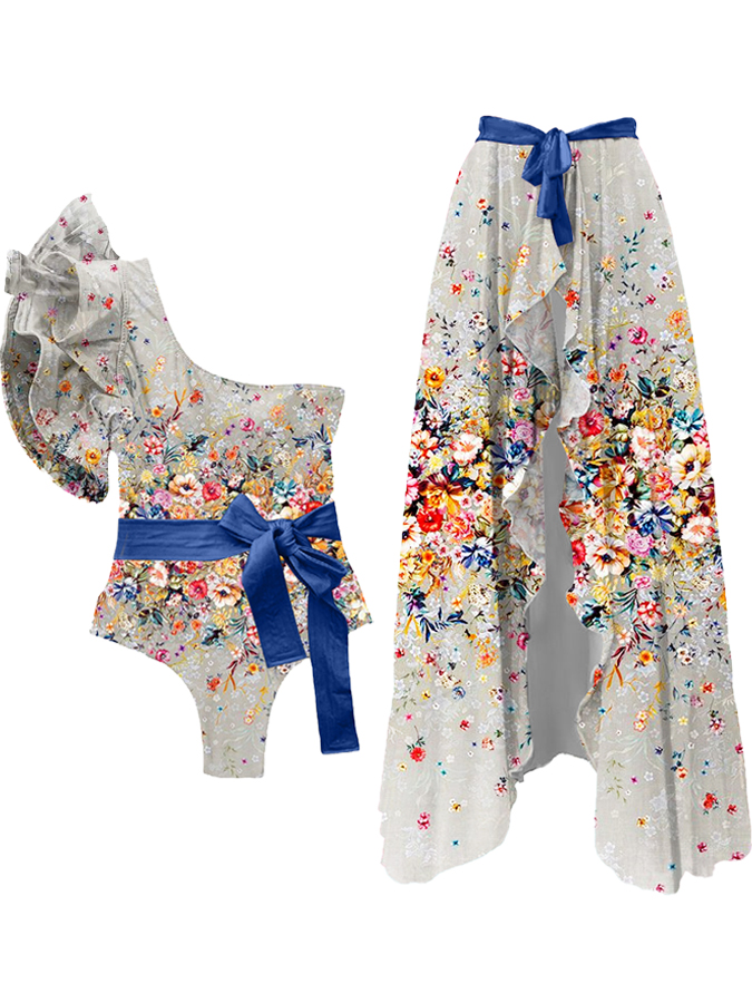 Ruffled Floral Print Colorblock One-Piece Swimsuit and Cover-up