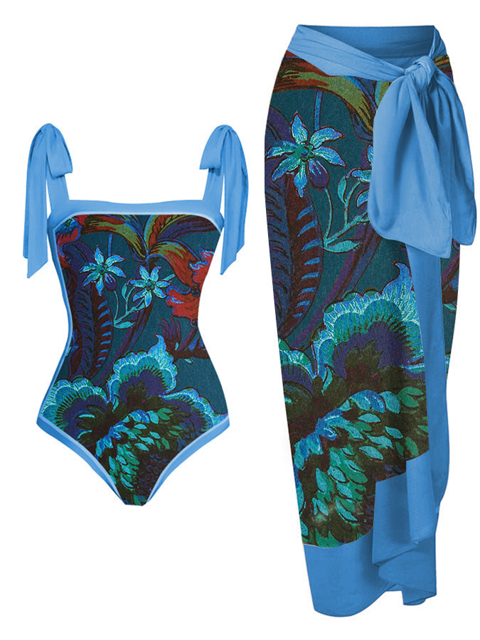 Print Lace-Up Panel One-Piece Swimsuit